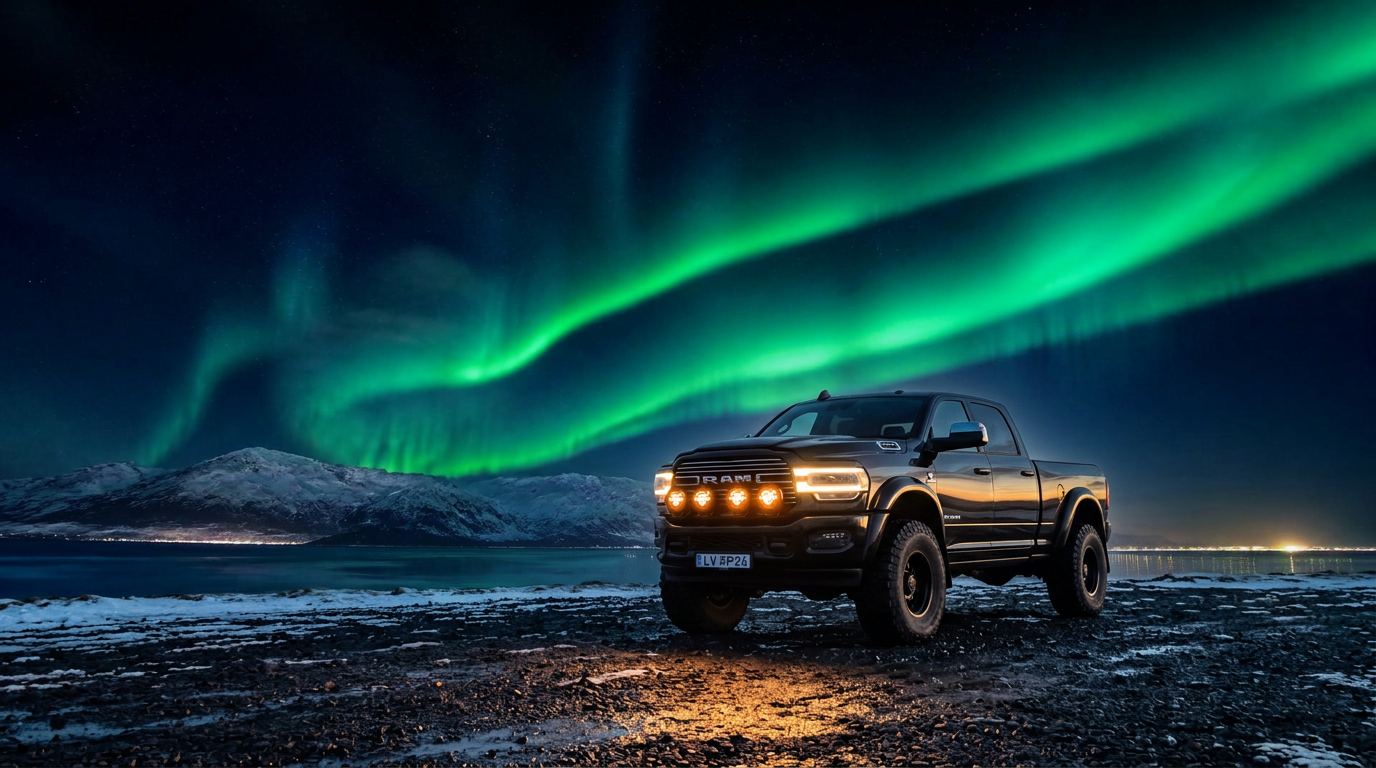 ZIP Adventures lifted black RAM 3500 super-truck parked under a green aurora borealis in Iceland