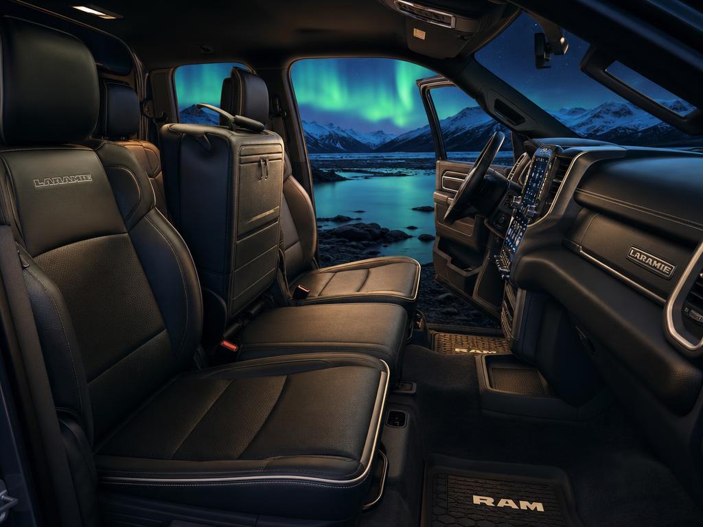 Front leather interior of the RAM 3500 with glacier view through the windscreen